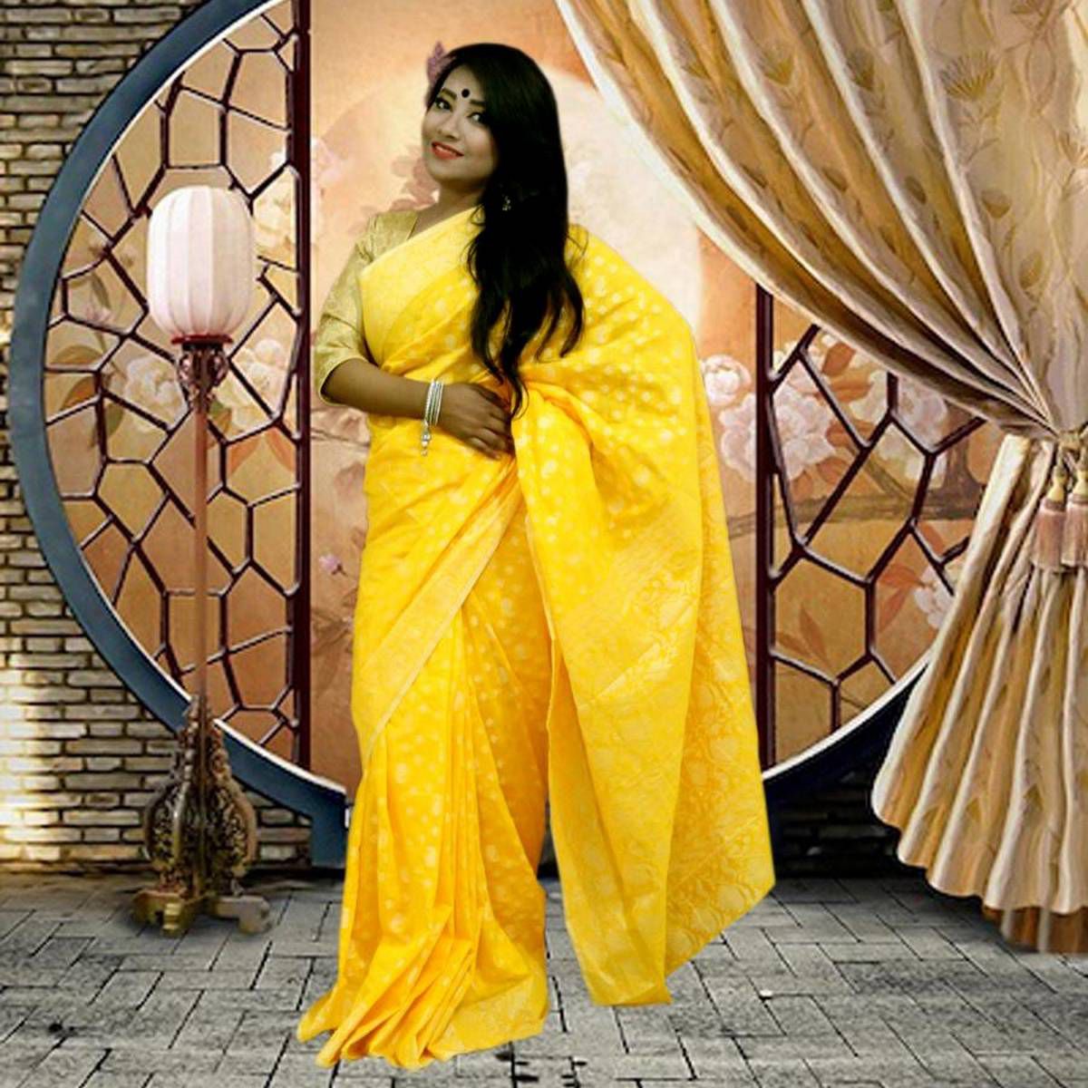 Half Silk Sharee For Women - Yellow