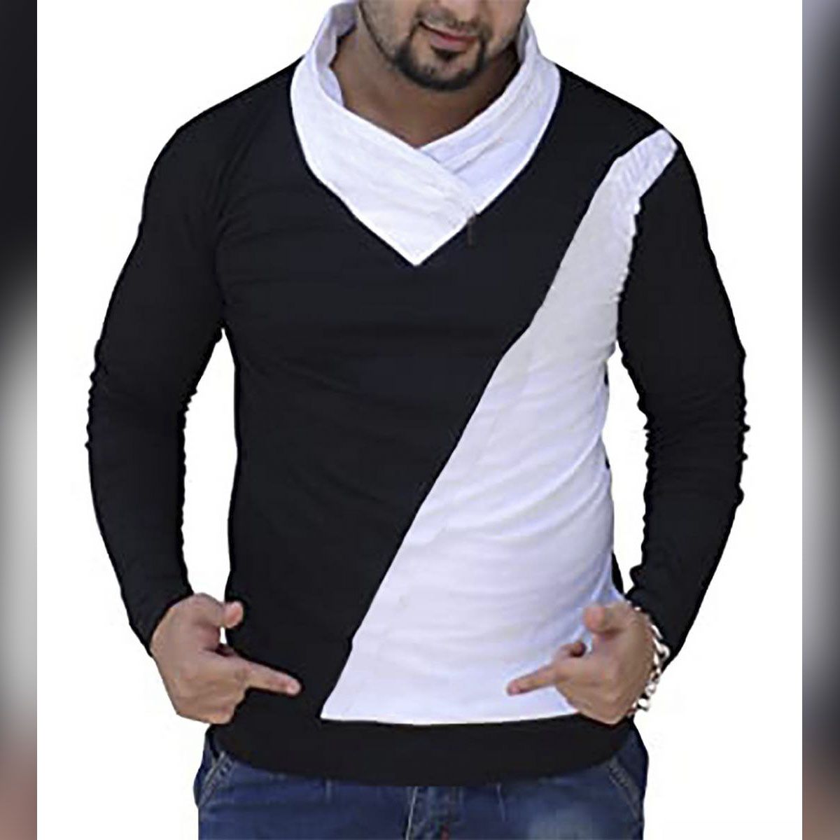 Black and White V-neck Cotton Long Sleeve T-shirt for Men