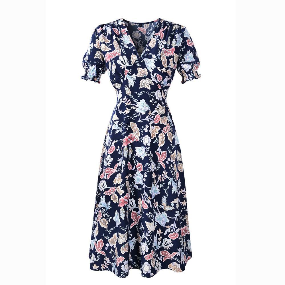 2021 Casual Elastic Waist Boho Beach Dress Women Summer Dress Floral Print Vintage Chiffon Midi Dress Vestido de Festa