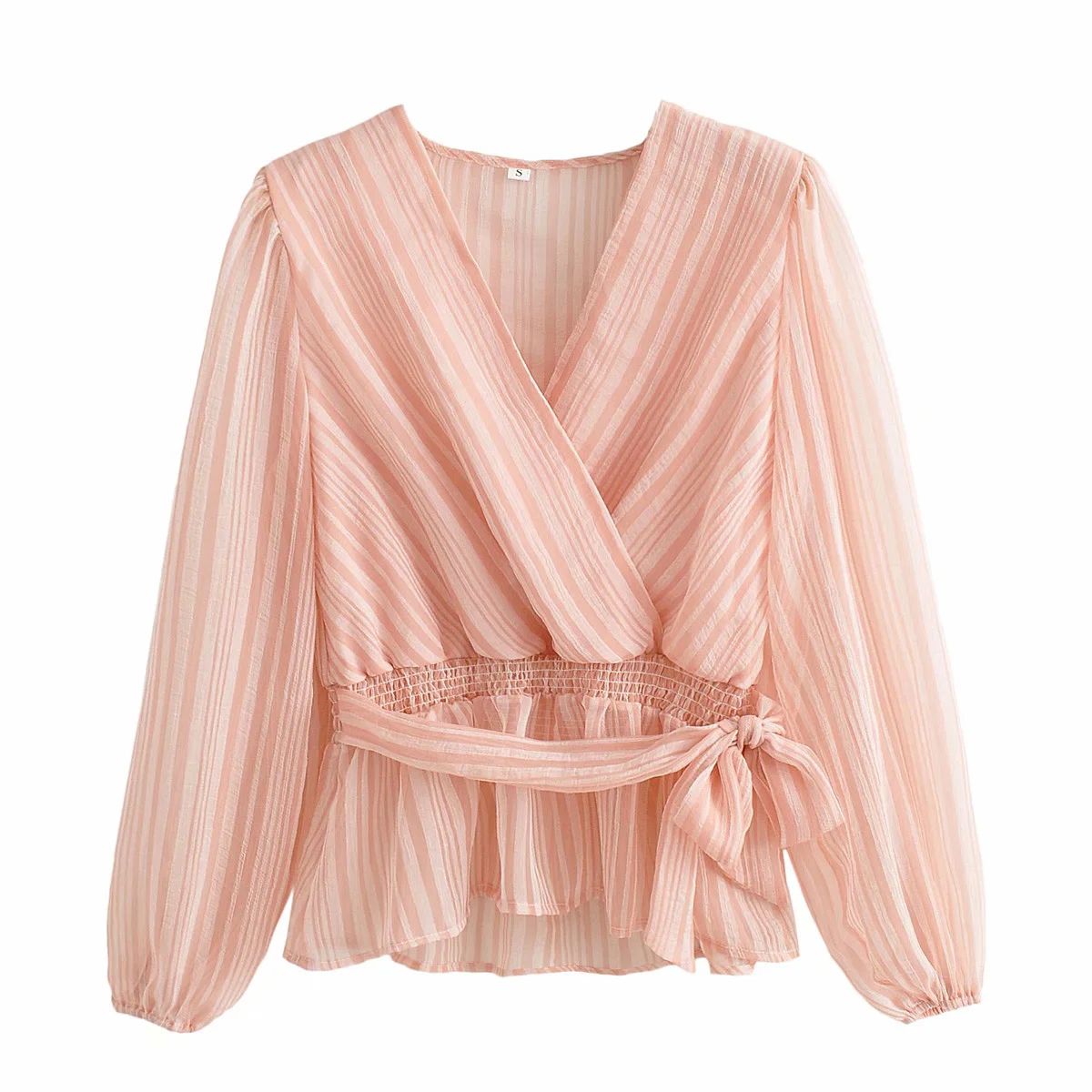 New Women's Long Sleeve Chiffon Shirt Fashion Wild  Print V-neck Lace Up Pullover Tops Solid Color