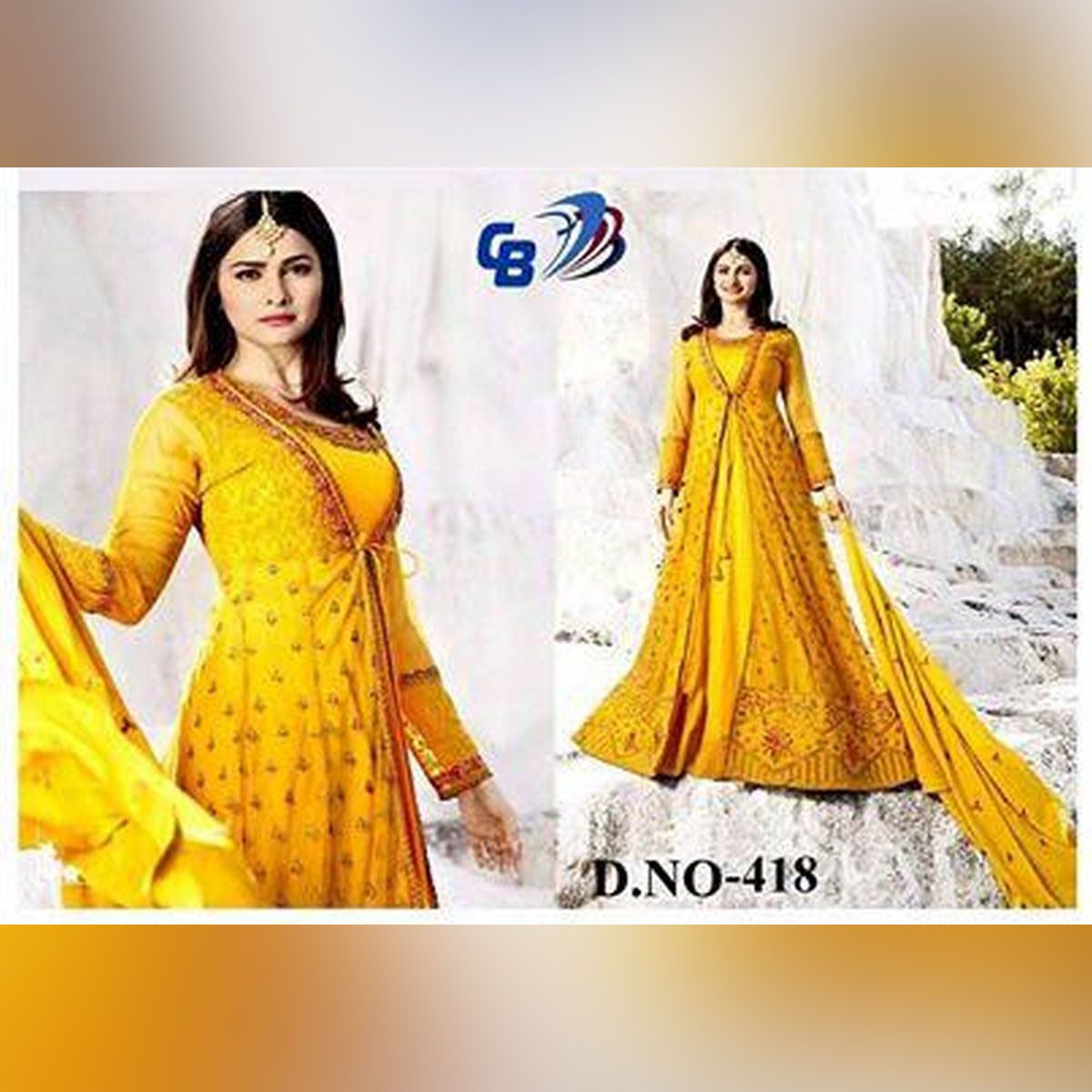 Unstitched Yellow Georgette Embroidery  Gown for Women
