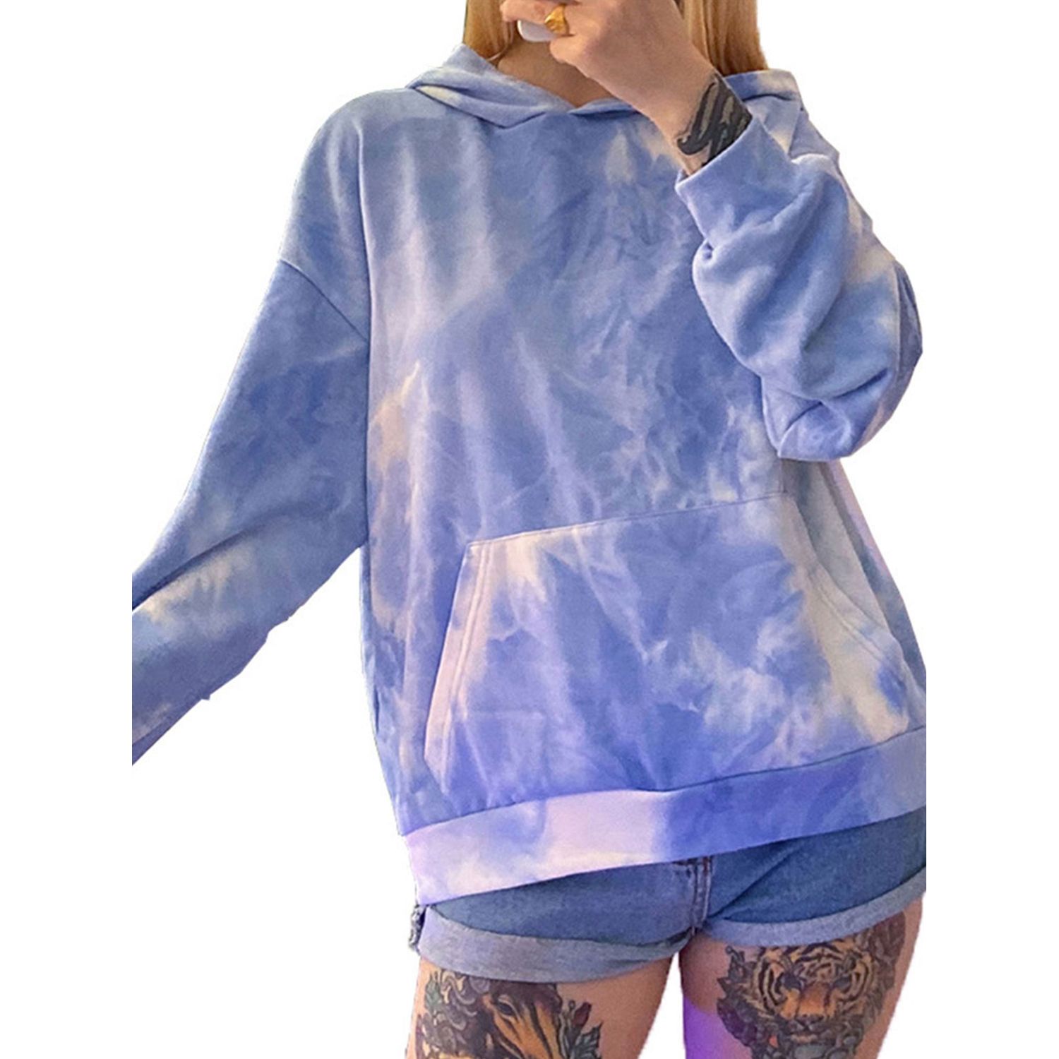 Women Long Sleeve Tie-dye Print Hoodie Fashion Long Sleeve Hooded Loose Top for Women Ladies