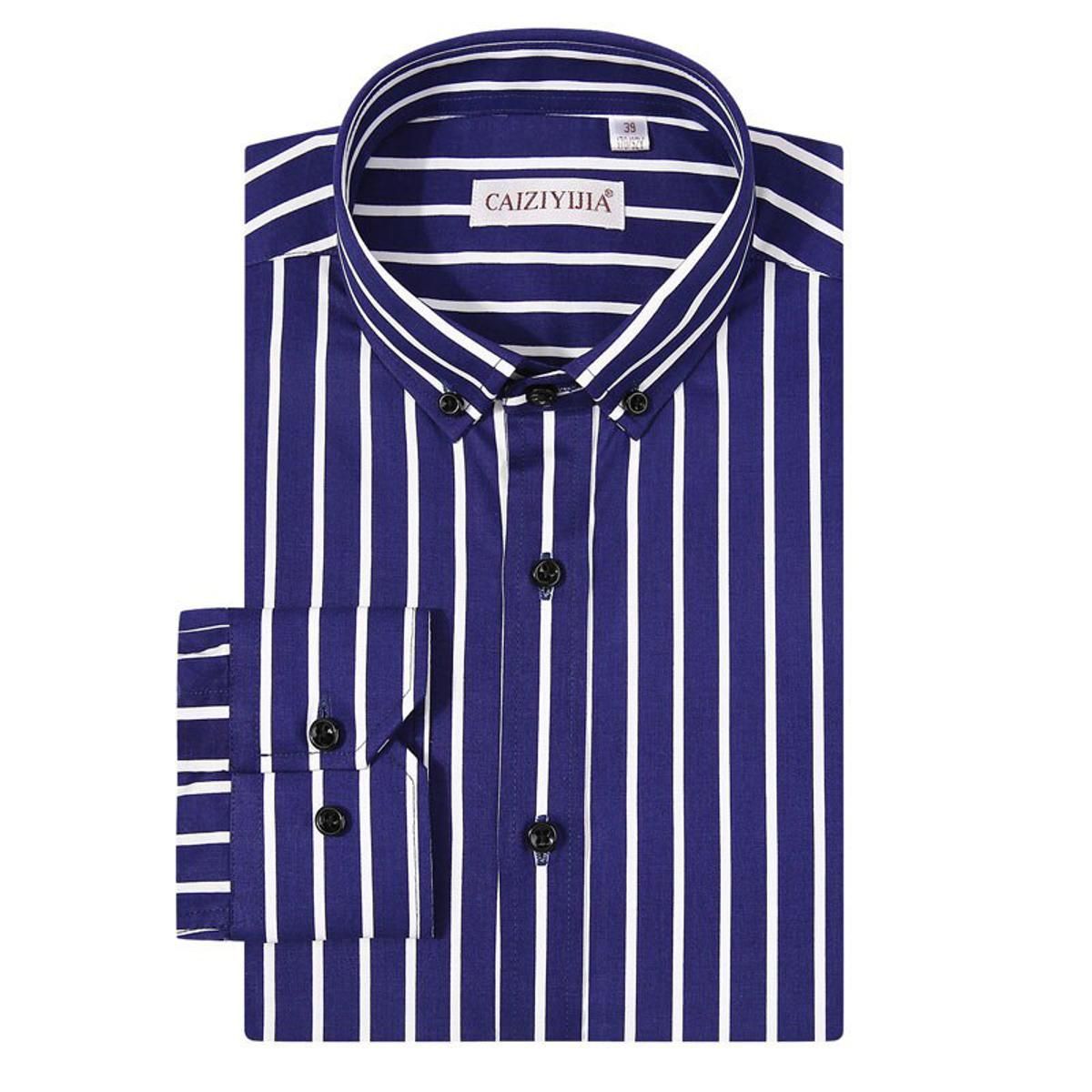 Long Sleeve 100% Cotton High-Grade Men Striped Dress Shirt Button-down Standard-fit Red Blue Soft Fabric Male Smart Casual Shirt