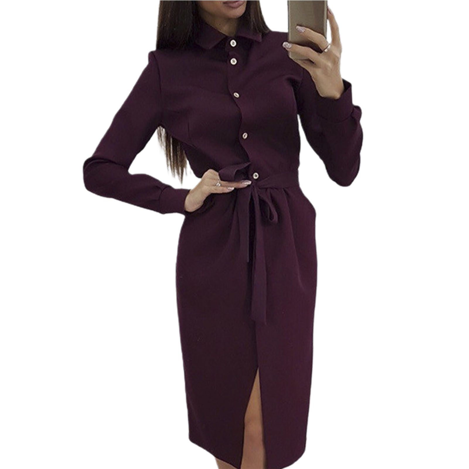 Women Dress Slim Fit Solid Color Single ed Shirt Dress