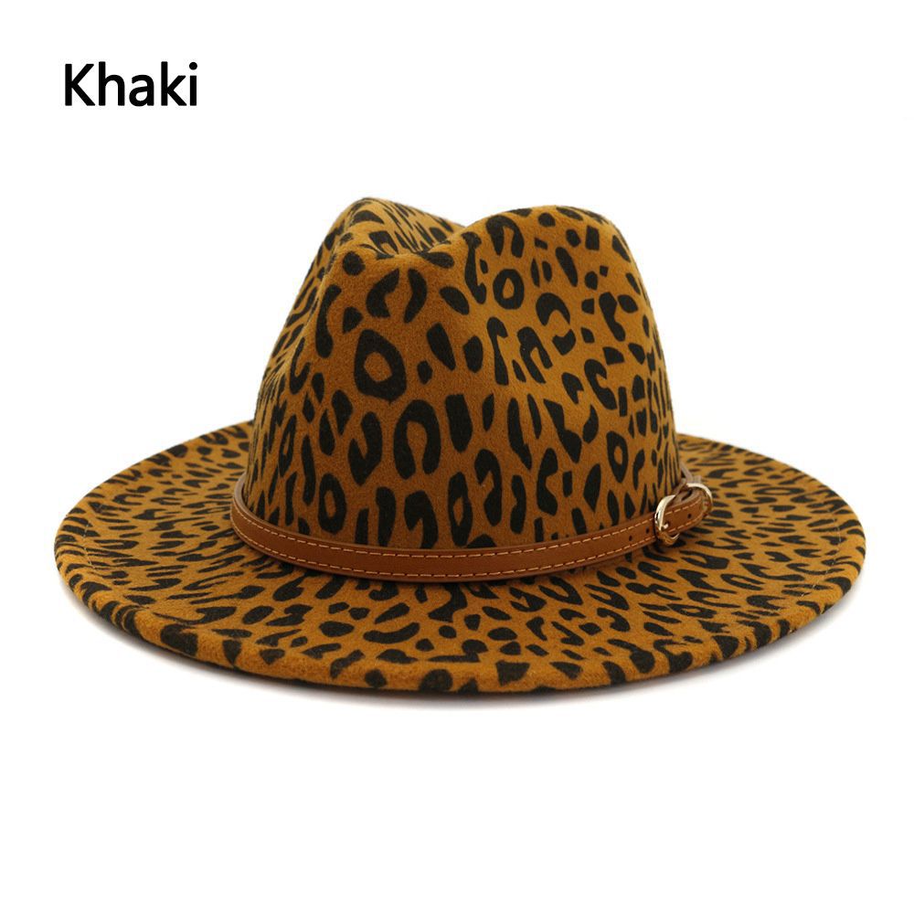 Vintage Woolen Leopard Print Wide Brim with Belt Buckle Wool Fedora Winter Hat Panama Hat