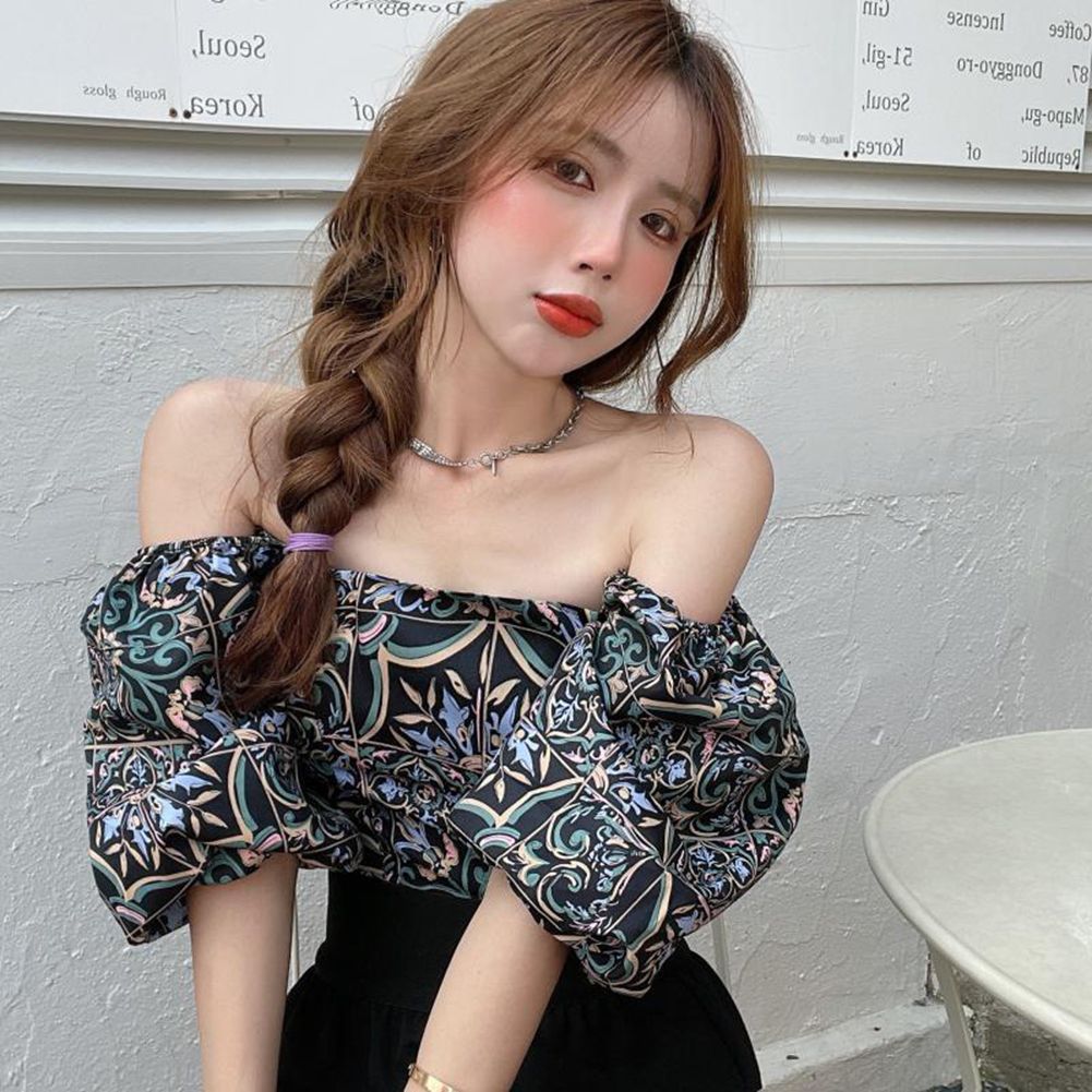 Yfashion Women Sweet Printed Short-sleeved  Blouse Breathable Off-shoulder Square Collar Short Cropped Retro Puff Sleeve Shirt ops color:White size:One size