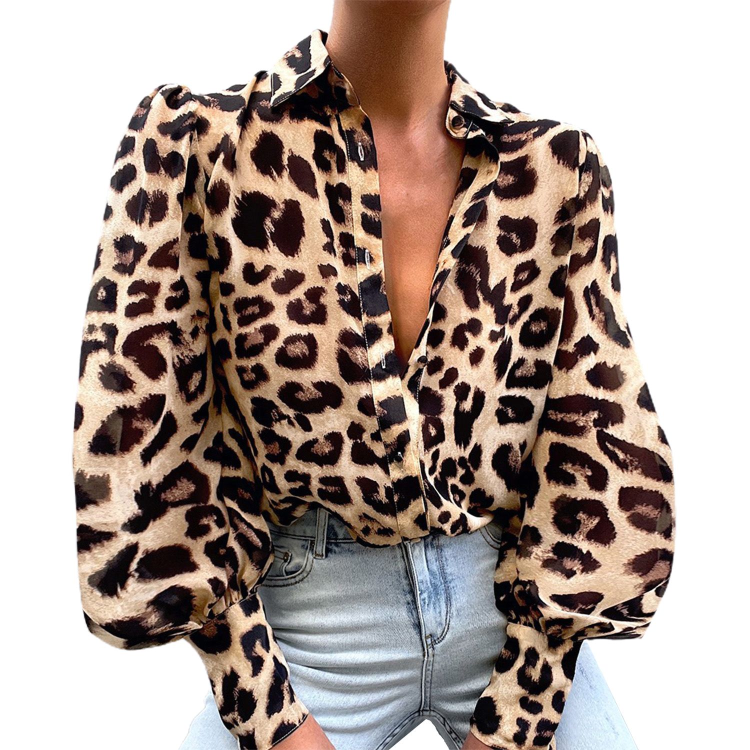 Vintage Shirt Retro Design Lantern Sleeve Floral Leopard Print Vintage Shirt