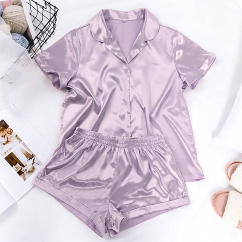 Solid Color Satin Pajamas With Shorts Sleepwear Suit Silk Pyjama For Women Short Sleeve Casual Pajama Sets Women Homewear Spring