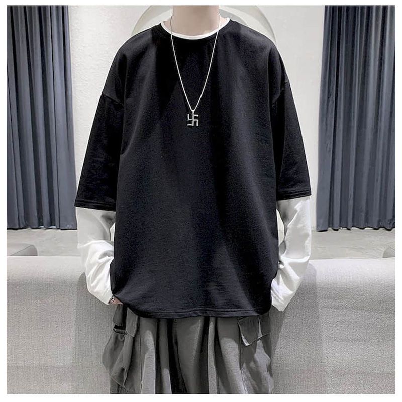 Long Sleeve Fake Two-piece T Shirt Striped Big Shirts Men Clothing Men Fashion 2022 Oversized Tees Clothes Tshirt