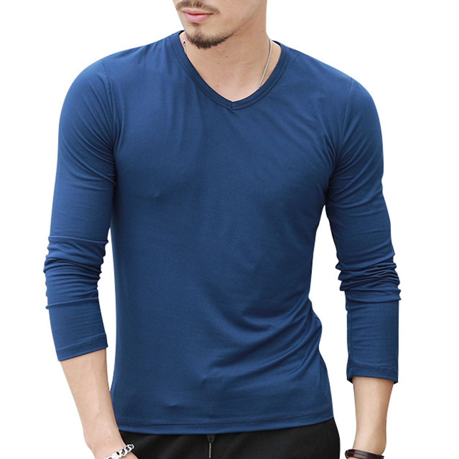 Long Sleeve Slim Fit Men T-shirt Shrink-resistant Solid Color V Neck Bottoming Shirt Pullover Top
