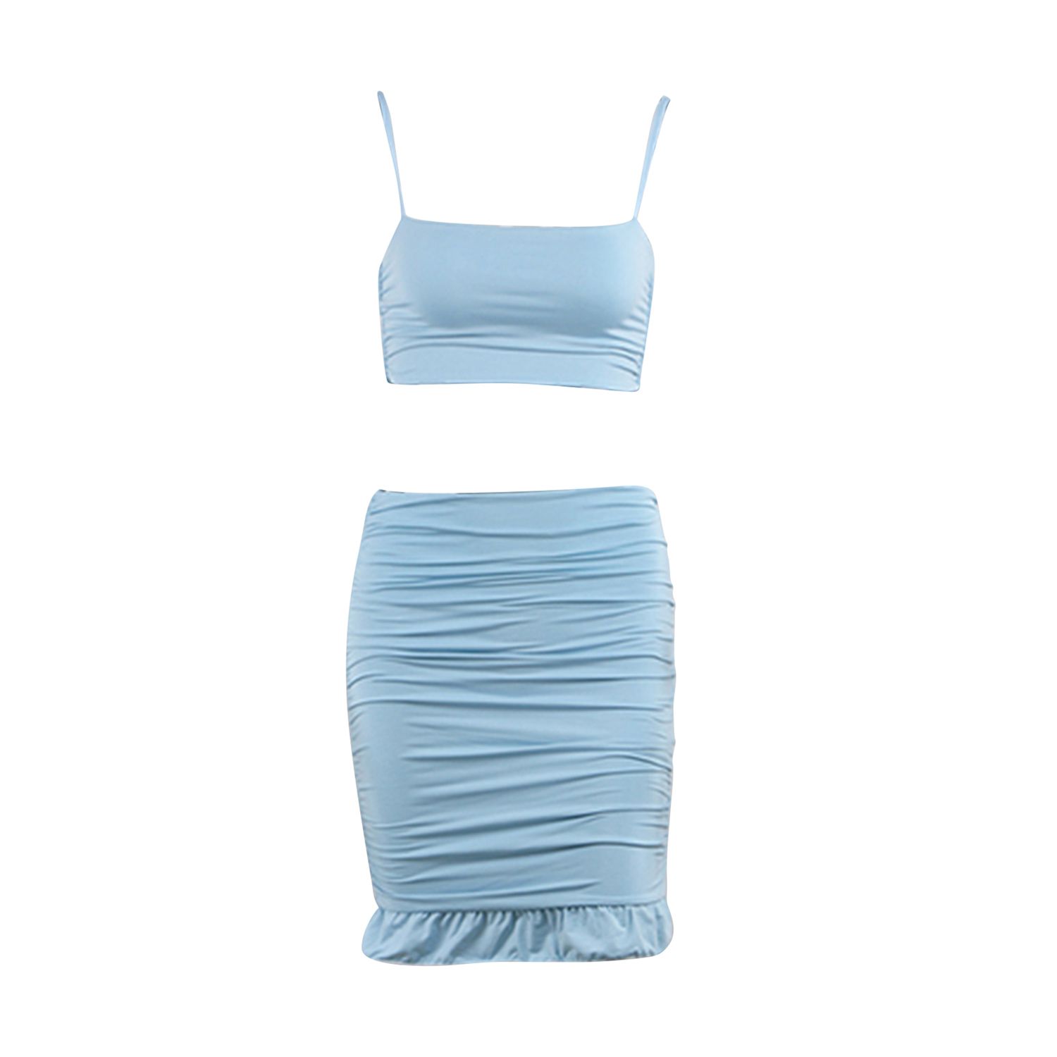 Women’s Sexy Camisole Skirt Suit Fresh Solid Color Exposed Navel Pullover Top and High-waist Ruffles Short Skirt