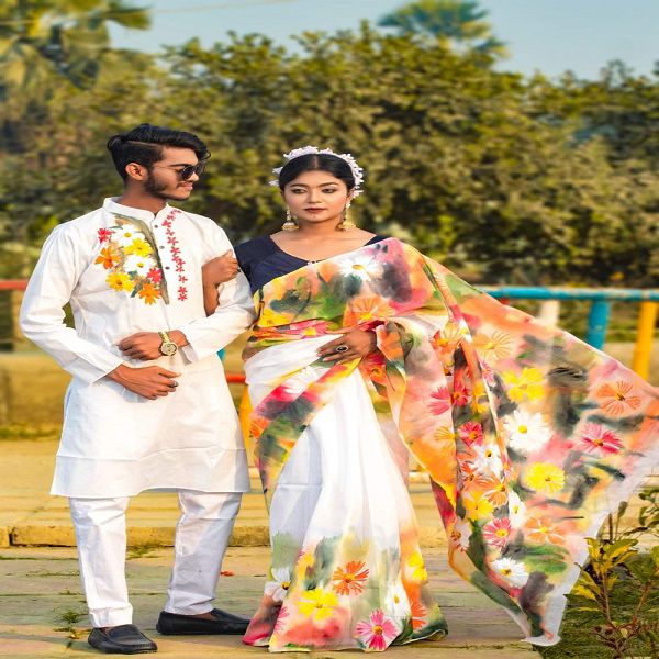 Half Silk Saree and Dhupian panjabi For Combo Couple Dress
