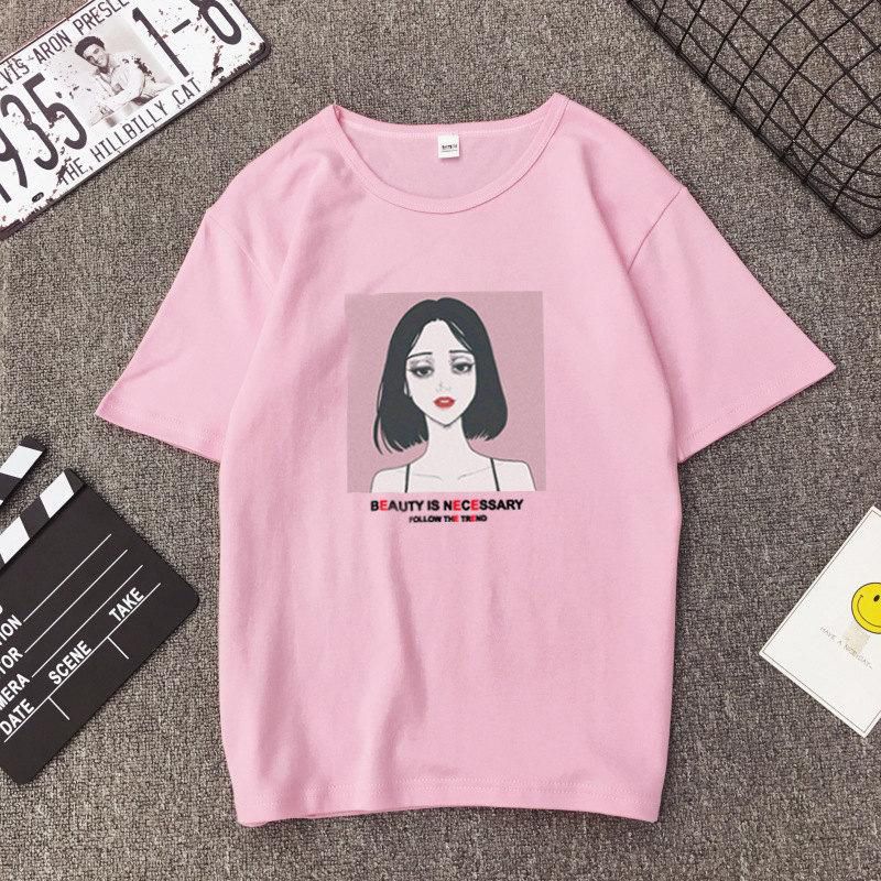 Korean Fashion Bf Short-Sleeved Female T-Shirt Summer Loose Korean Version Pink White Half-Sleeved Student Ulzzang