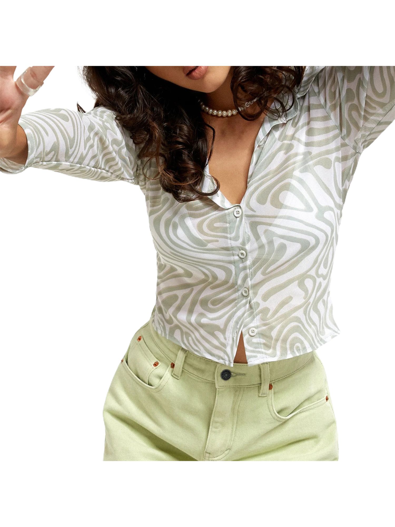 Women See Through Printed Shirt, Long Sleeve Deep V-neck Button-up Tops for Spring, Autumn