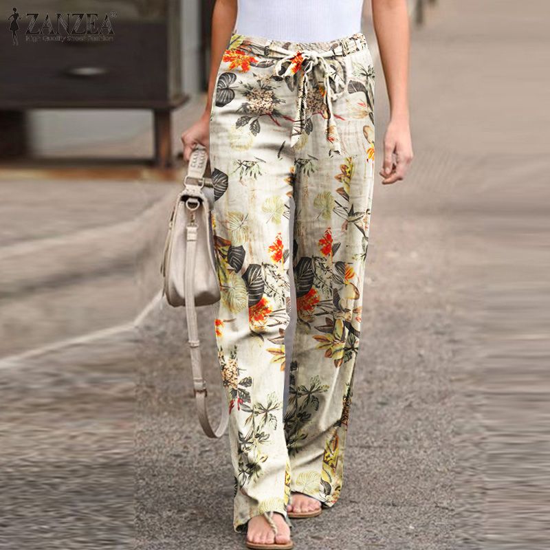 Women Vintage Floral Printed Long Pants Loose Elastic Waist Dratring Trousers