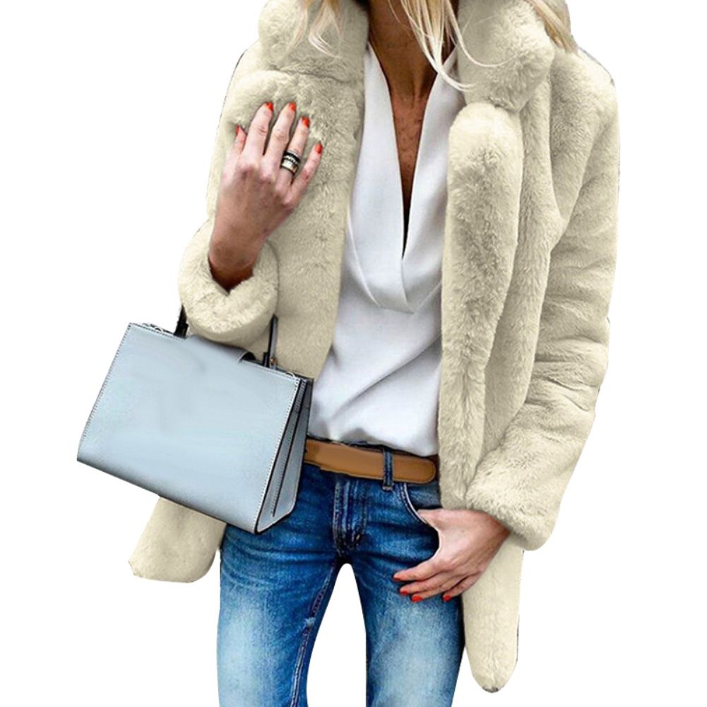 Winter Solid Color Thick Faux Fur Lapel Coat Loose Women Warm Jacket Outwear