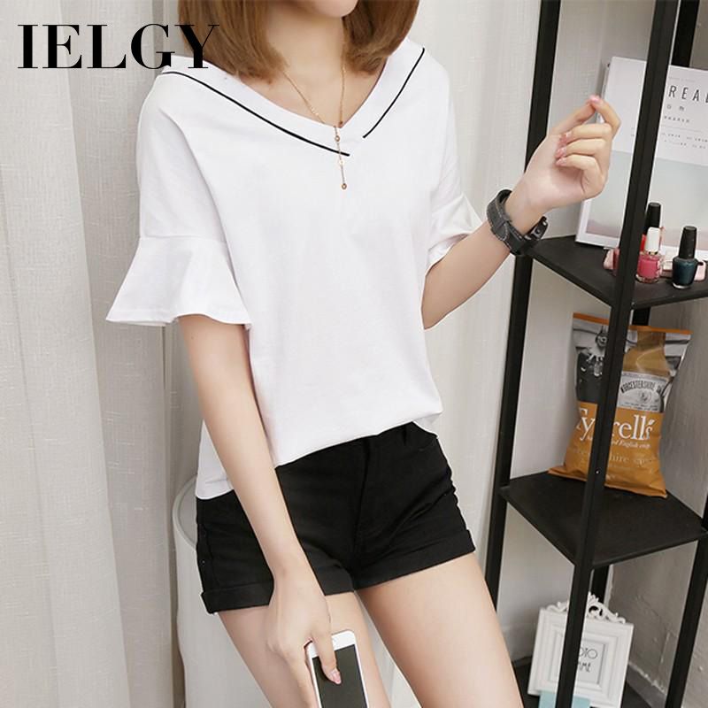 IELGY Flare Sleeve Top V-Neck Short Sleeve Black T-Shirt