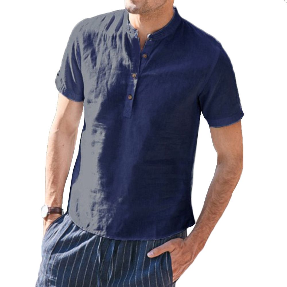 Plus Size Men Solid Color Short Sleeve Stand Collar Button Loose Shirt Blouse Top