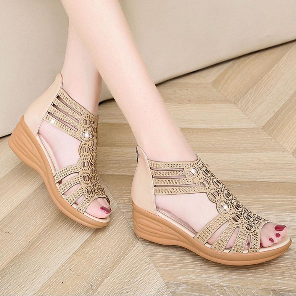 Women Sandals Summer Rhinestone Fish Mouth Hollow Rome Back Zipper Casual Shoes (Shoe Size Chart) shoe for women