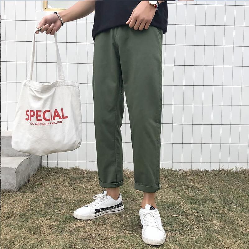 Casual Long Pants For Men Korean Style Cotton Slim Fit Elasticated Drawstring Trousers Men's Summer High Quality Classic Clothes Straight Cut Long Pant