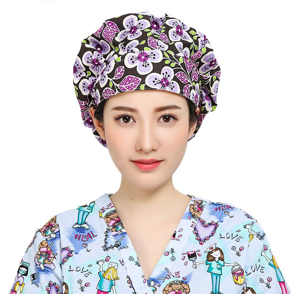 【BestGO】Sweatband Cotton Dustproof Scrub Cap Floral Bouffant Sanitary Hat Adjustable Elastic Nurse Hat Work Hat