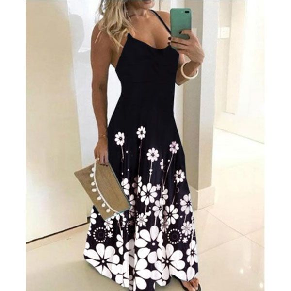Lossky Vintage Floral Print Dress  Spaghetti Strap V Neck Long Dresses Women Summer Beach Dresses Party Tunic Plus Size 5XL