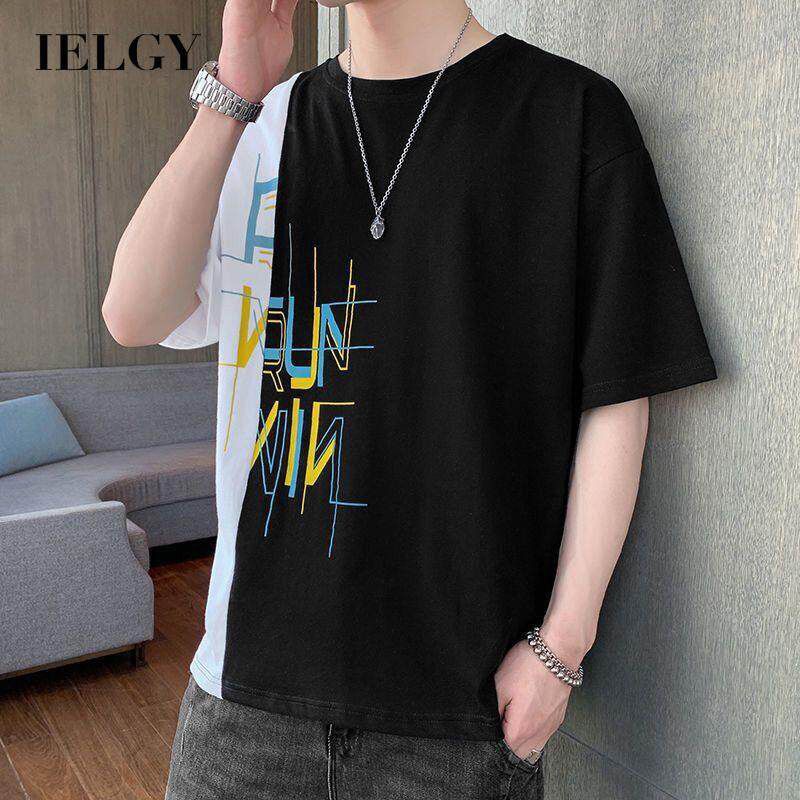 IELGY Hong Kong style loose round neck all-match color-block letter print short-sleeved t-shirt men
