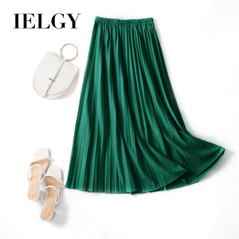 IELGY Simple temperament pleated skirt elastic high waist slimming all-match mid-length skirt women