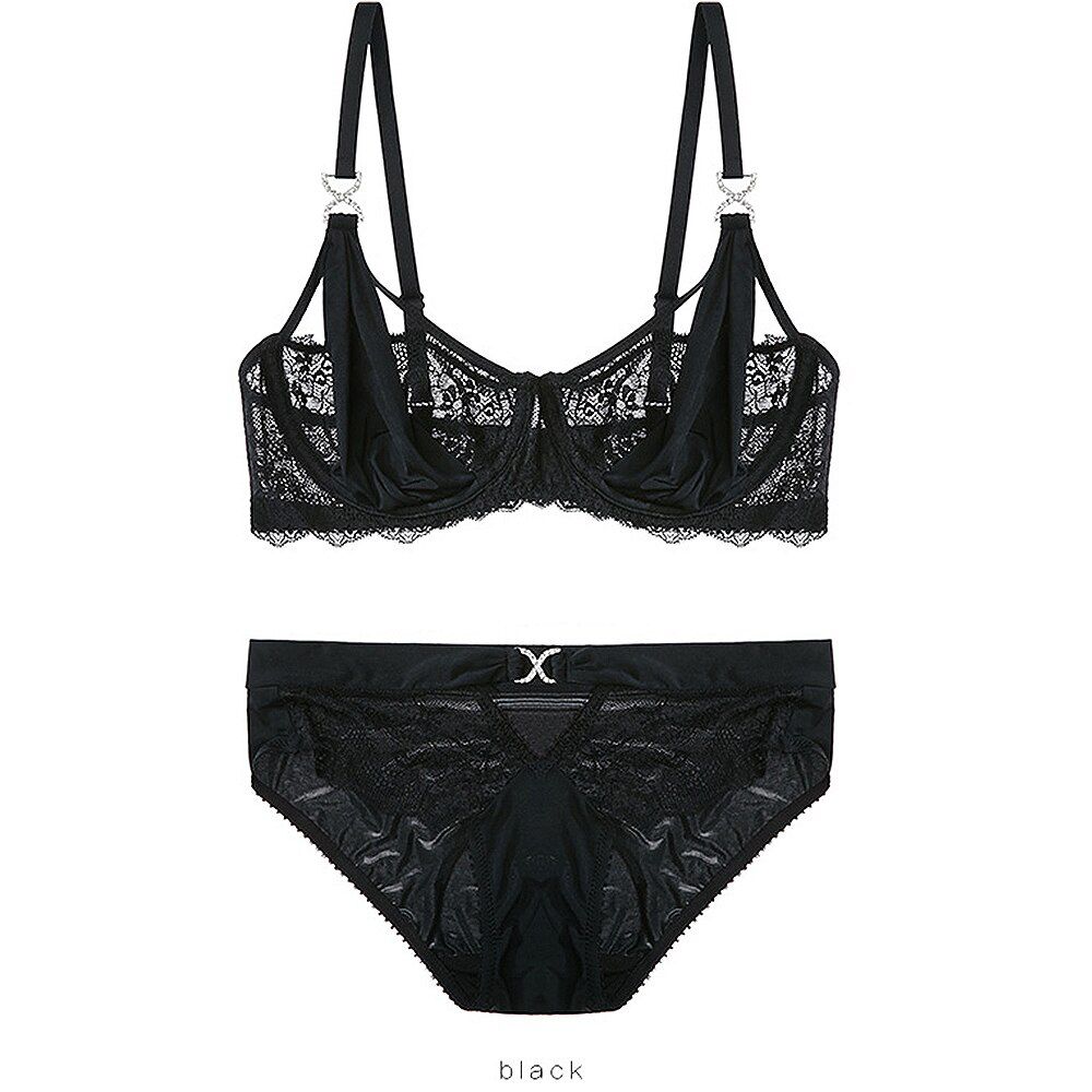 YBCG 1/2 Cup  Bra Set Lace Breathable Embroidery Underwear Transparent Mesh Hollow Bra And Panty Underwire