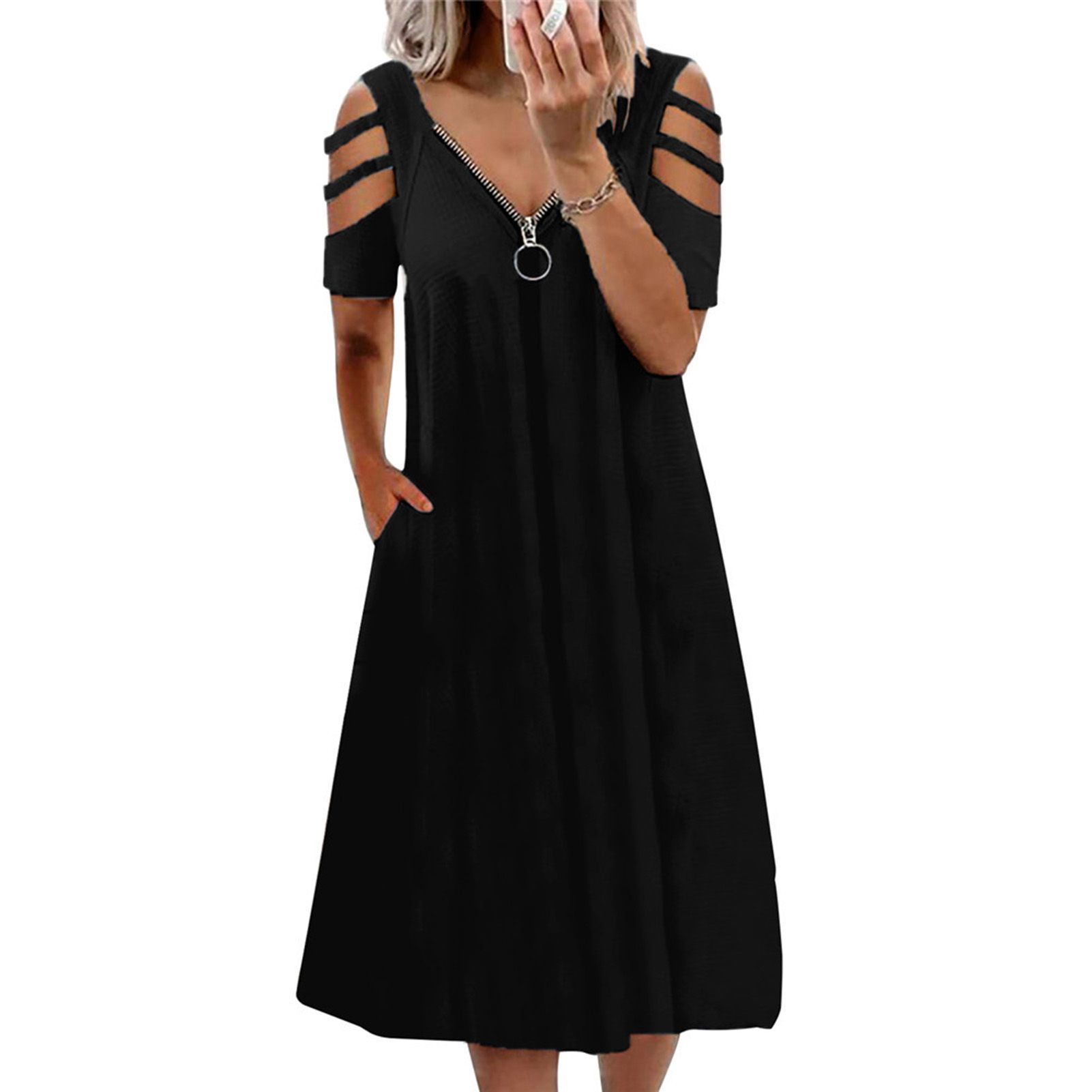 Chic Women Dress Zipper V Neck Pocket Solid Color Hollow Out Pockets Midi Dress for Party