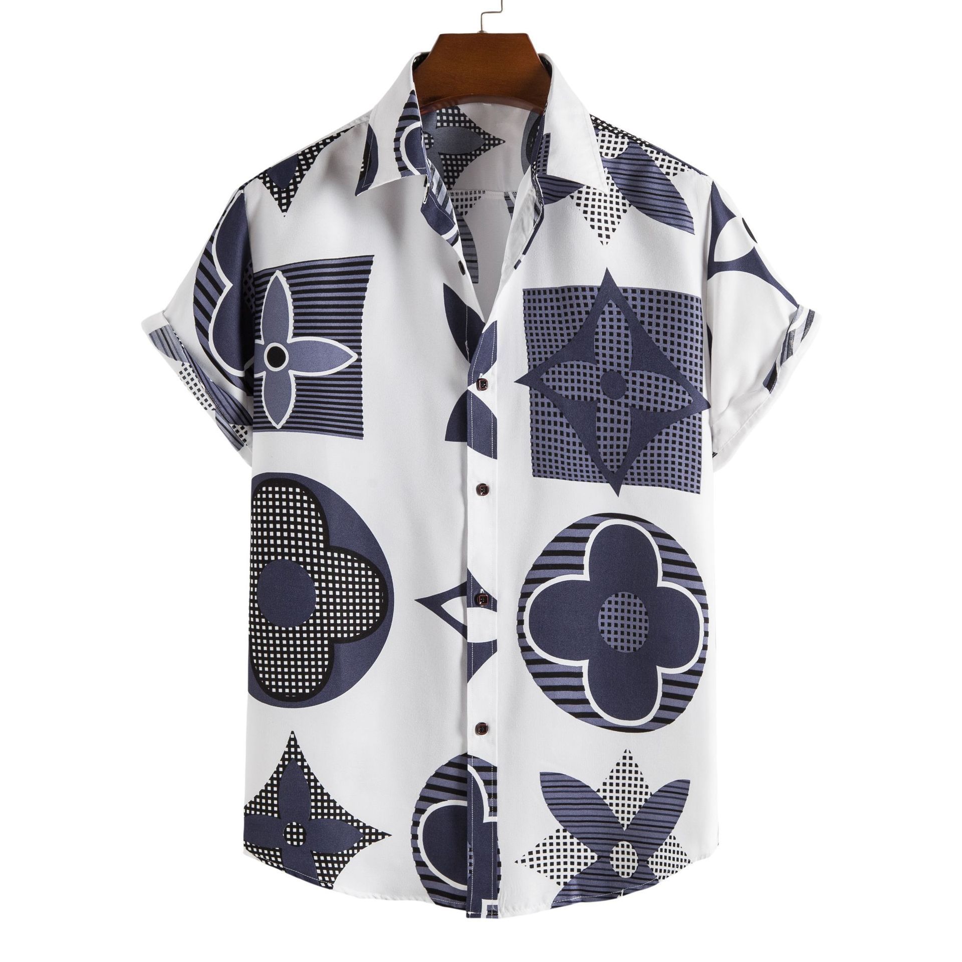 Yfashion Men  Shirt Summer Casual Short-sleeved Lapel Loose Print Cardigan Shirt size