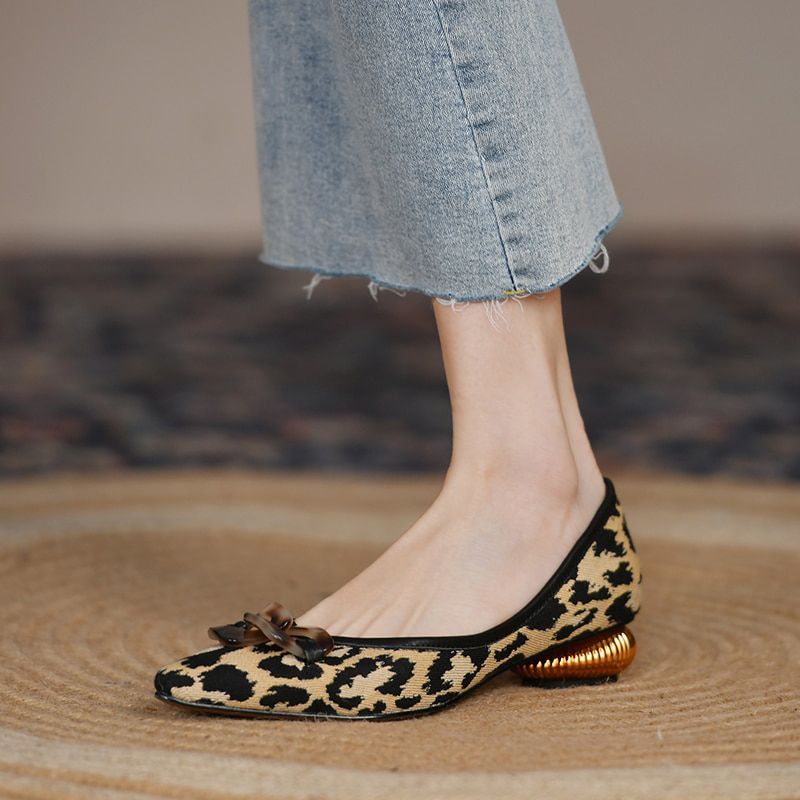 and Elegant 3CM Medium Heel Women's High Heels Suede Leopard Print Pointed Horseshoe Buckle Boat Shoes Sandals