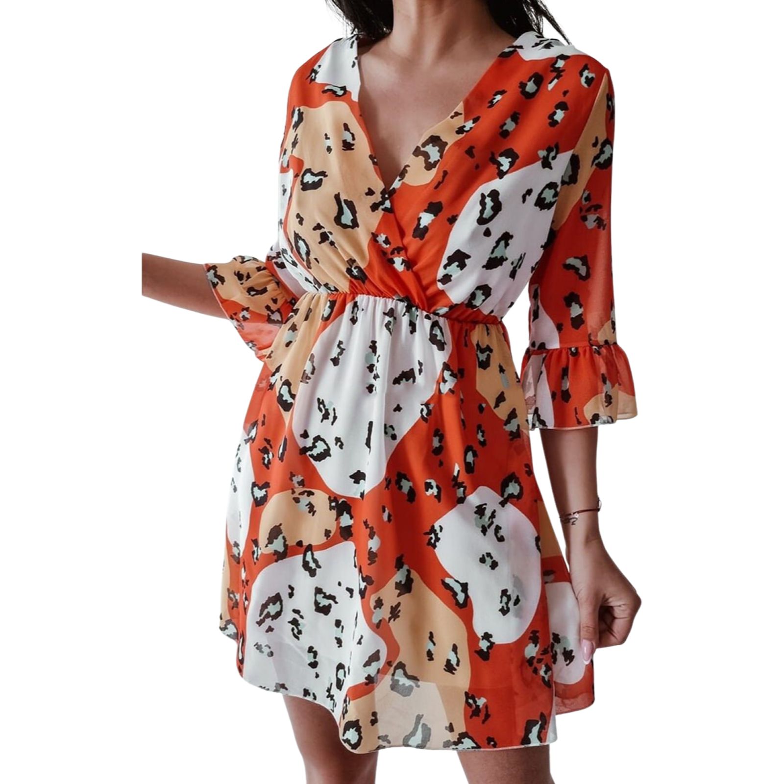 Women Mid-sleeve Dress with Leopard Print, A-line Version High Waist  V-neck Summer Clothing