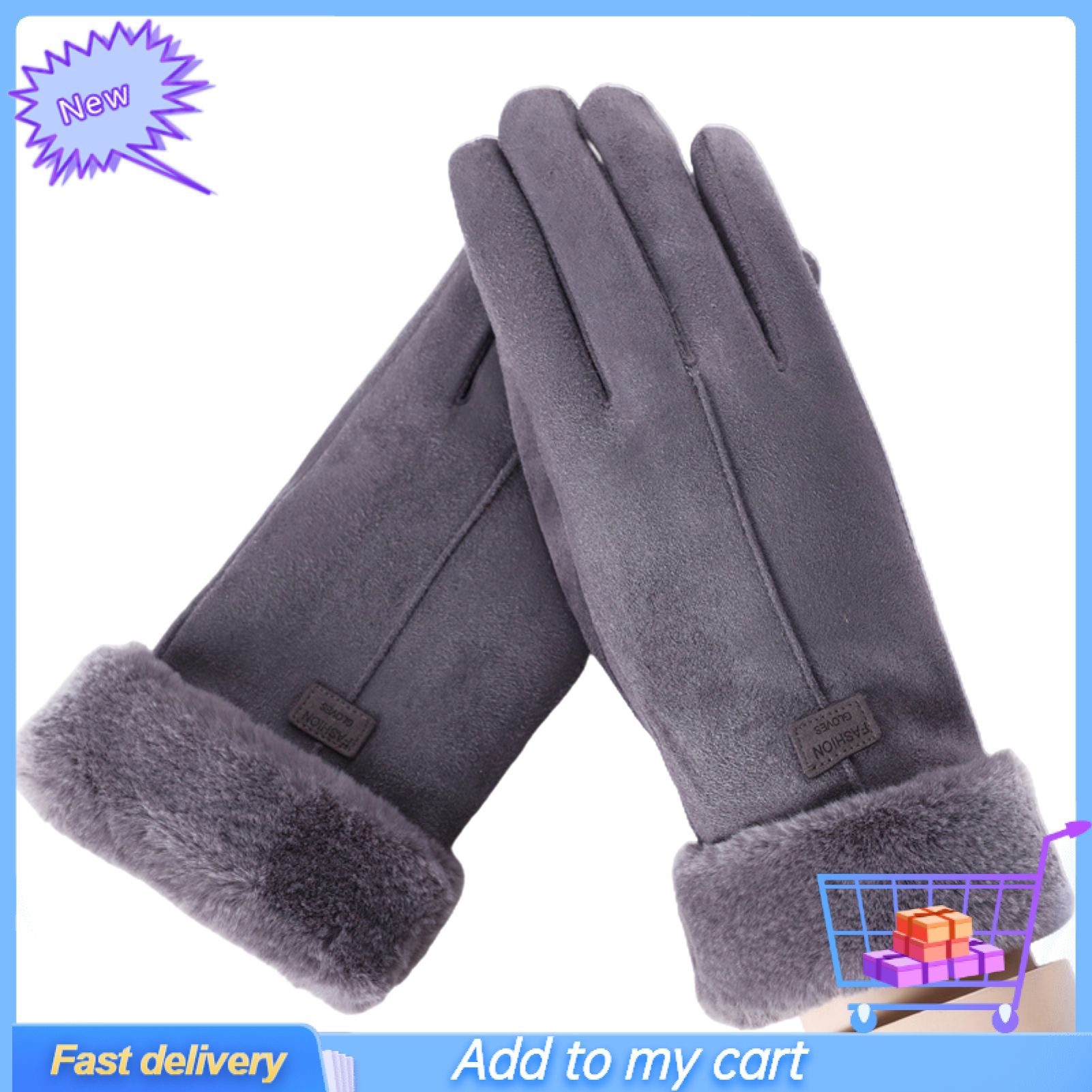 Women Autumn Winter Full Finger Touch Screen Suede Plush Liner Thick Warm Gloves