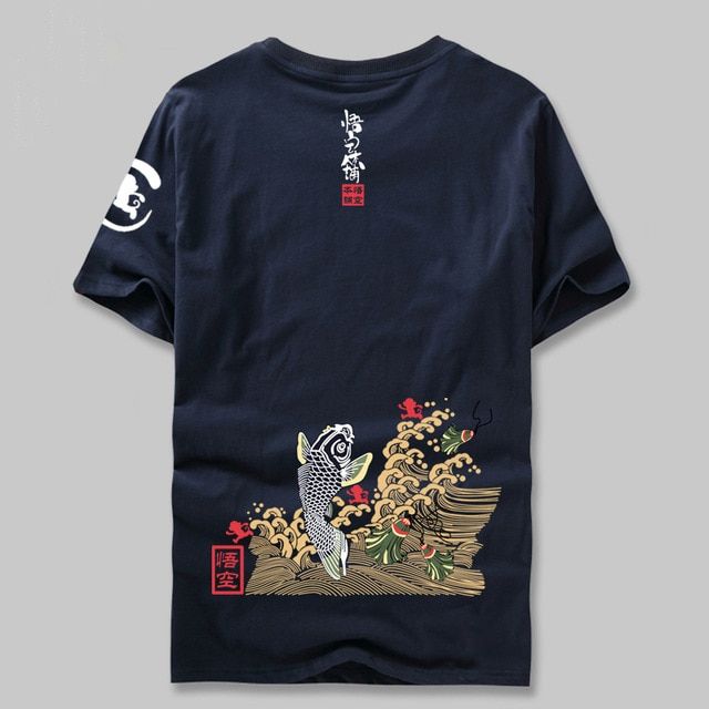 Jnese style Summer Men Brand Clothing Fashion Carp fish Print T-Shirt 100% Cotton Short Sleeve Fitness T Shirt