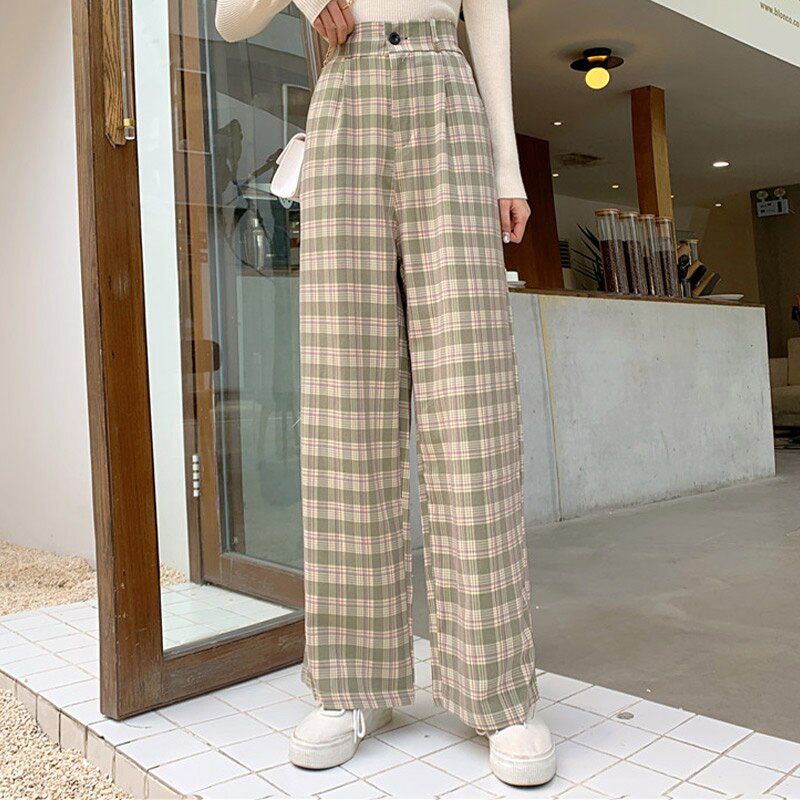 Spring Check Wide-leg Pants Women Checked High Waist Loose Trousers Female Plus Size Summer Fashion Sweet Ladies Long Pants
