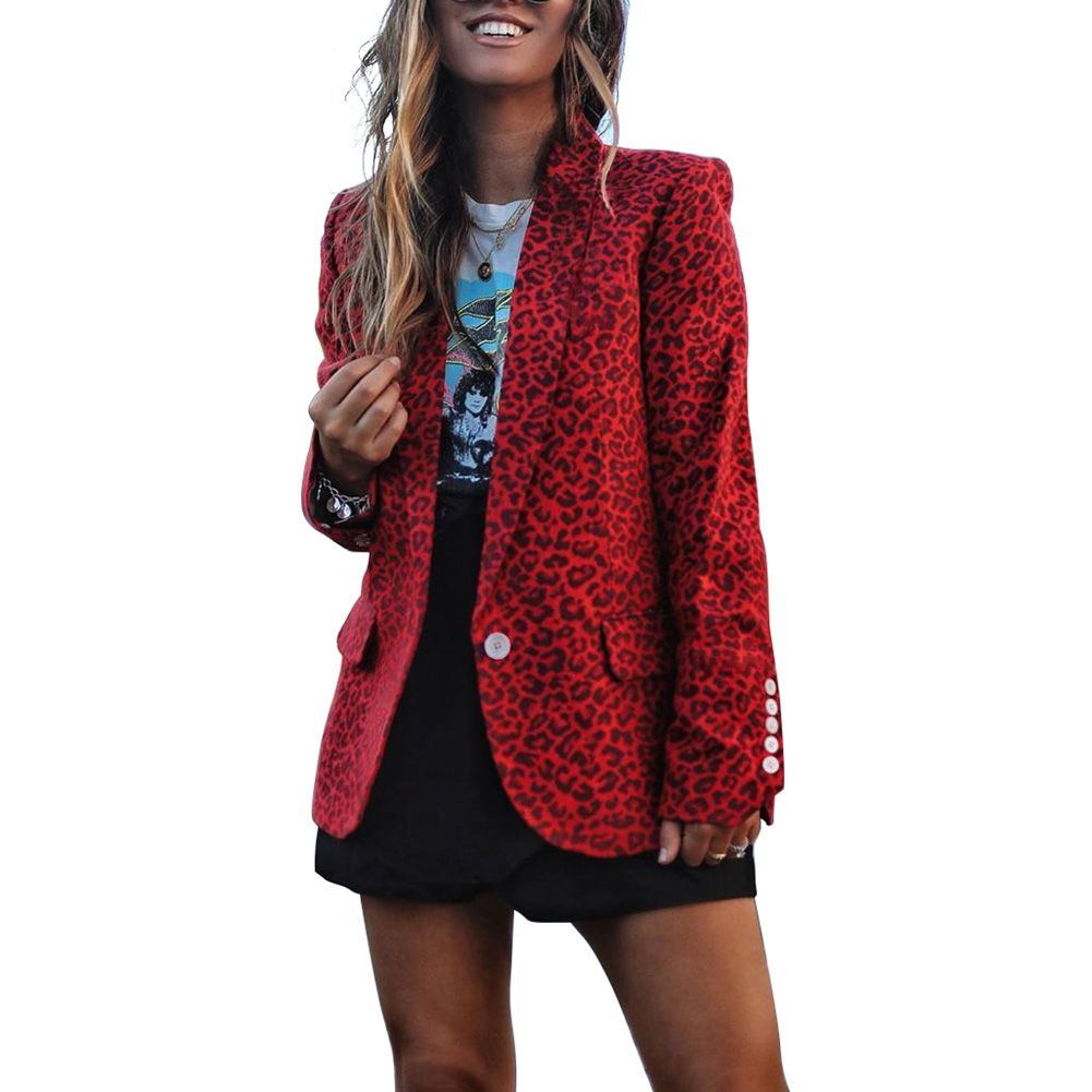 Women Leopard Print Button Long Sleeve Suit Coat Fashion Coat for Work Casual Wear