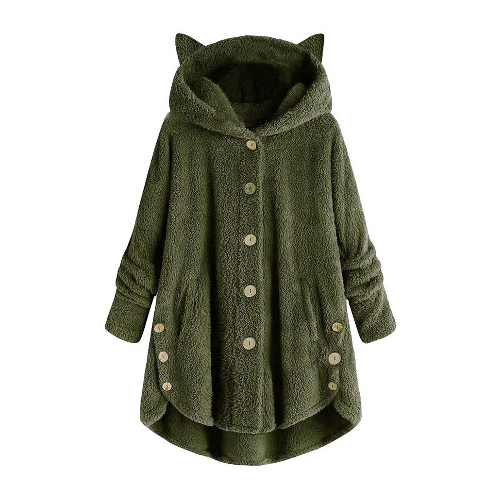Cute Women Winter Cute Cats Ears Hooded Irregular Hem Buttons Jacket Fleece Coat