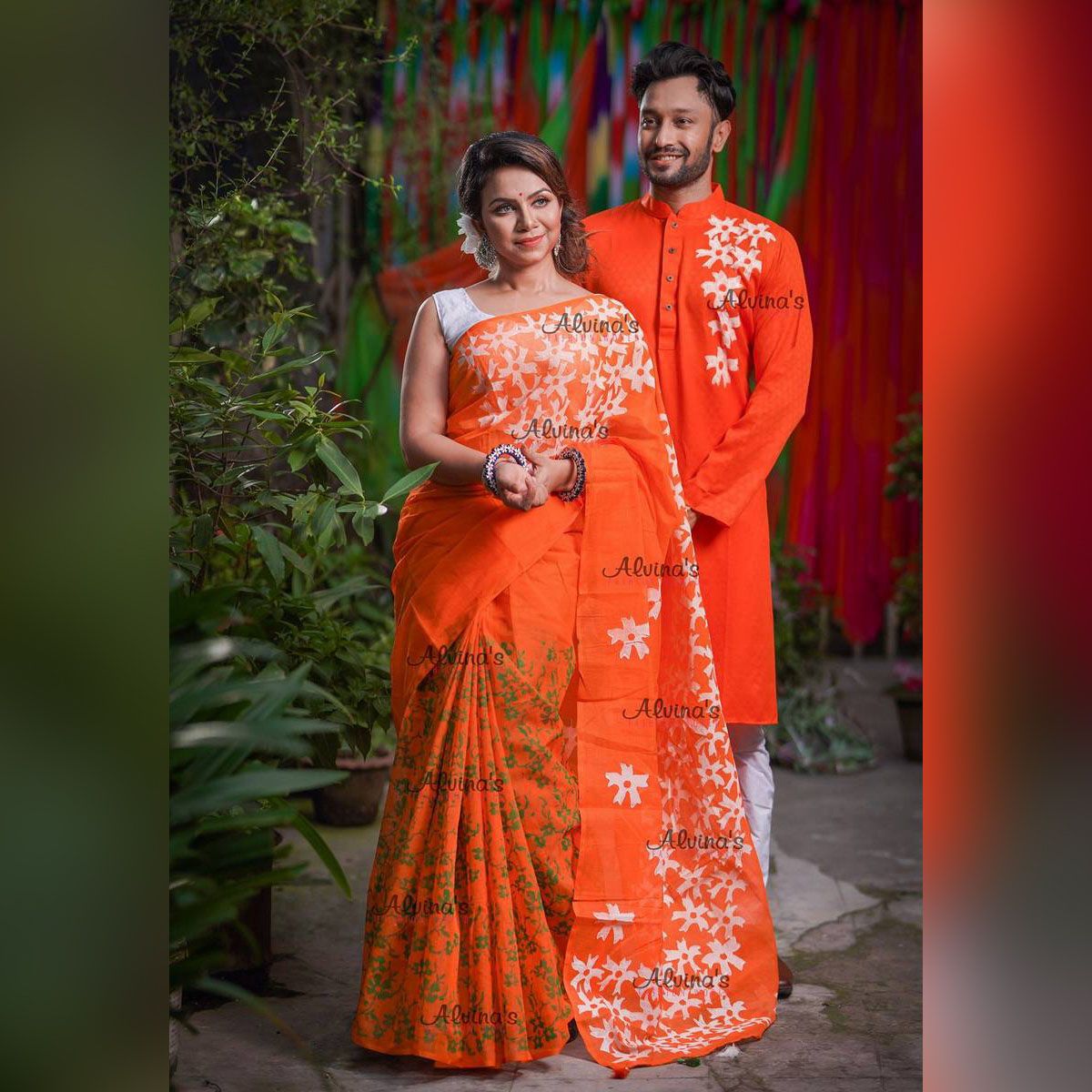 Exclusive Designer Half Silk/Dhupiani Share And Dhupiyani/Half Silk Panjabi For Combo Couple Dress [ Sharee and panjabi] for man and women or gift or yourselfs.