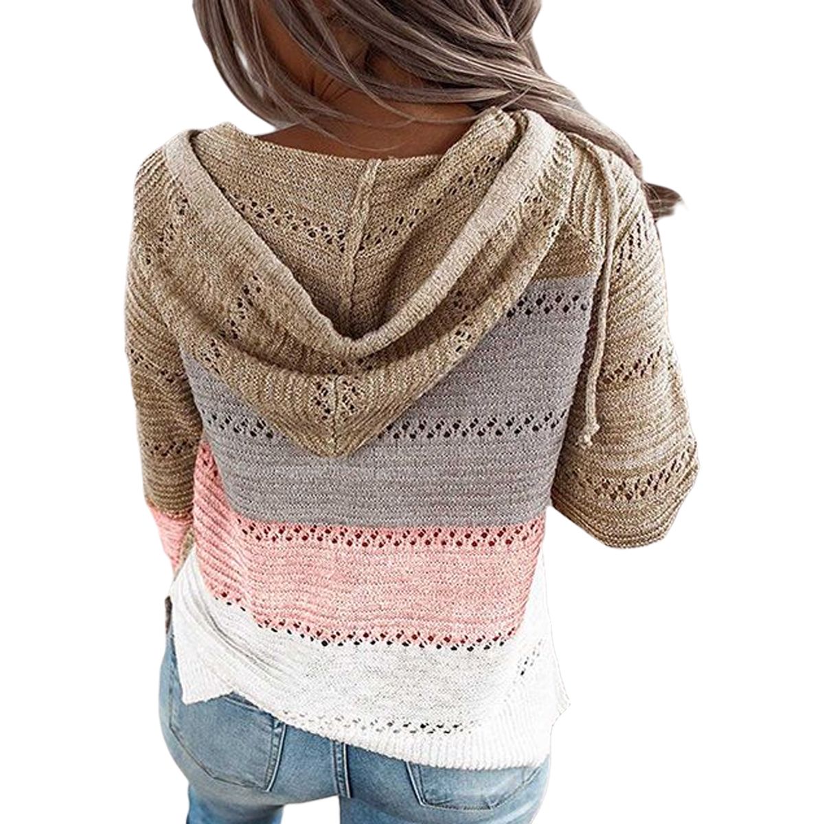 Woman Color Block Cardigan, Long Sleeve Drawstring Hoodie Hollow-out Sweater (Pink, Brown, Orange)