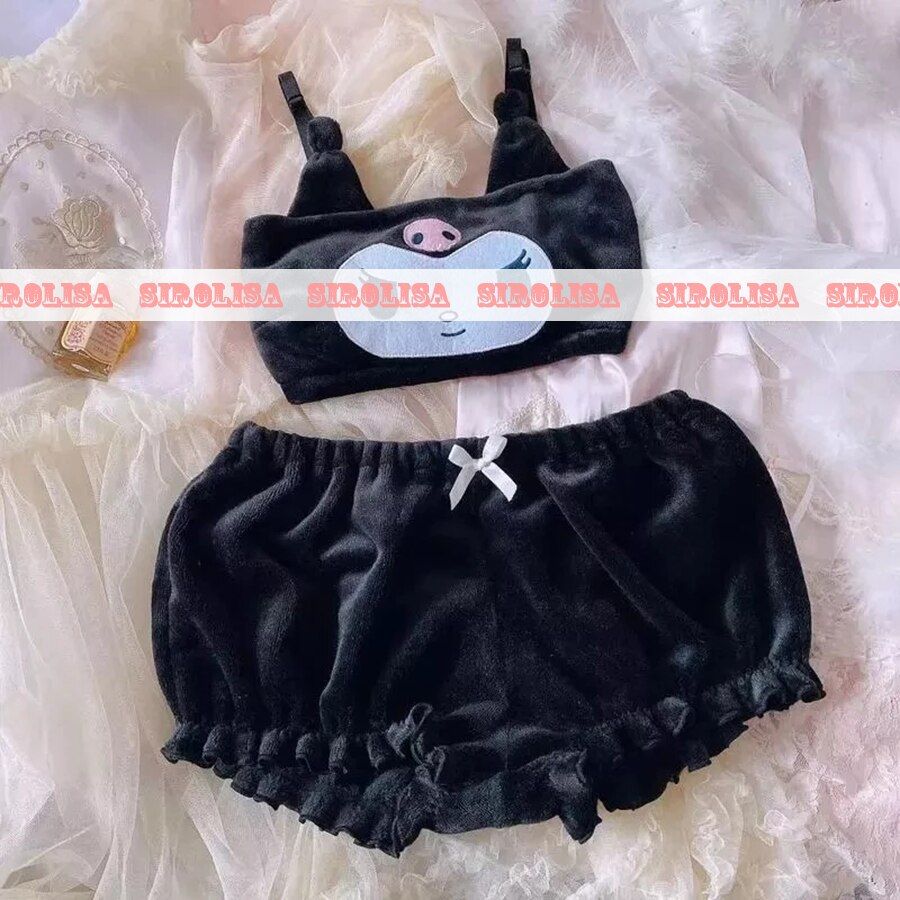 Woman Fluffy Pajamas Set Velvet Tube Top and Panties Set Girl Fuzzy Anime Long Ear Bunny Bra Cartoon Underwear