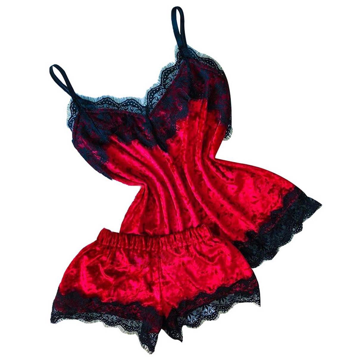 2Pcs Women Sleepwear Set, Silky  Lace Spaghetti Strap V-Neck Sleeveless Bralette Tank Top + Elastic-Waist Shorts Suit for Girls
