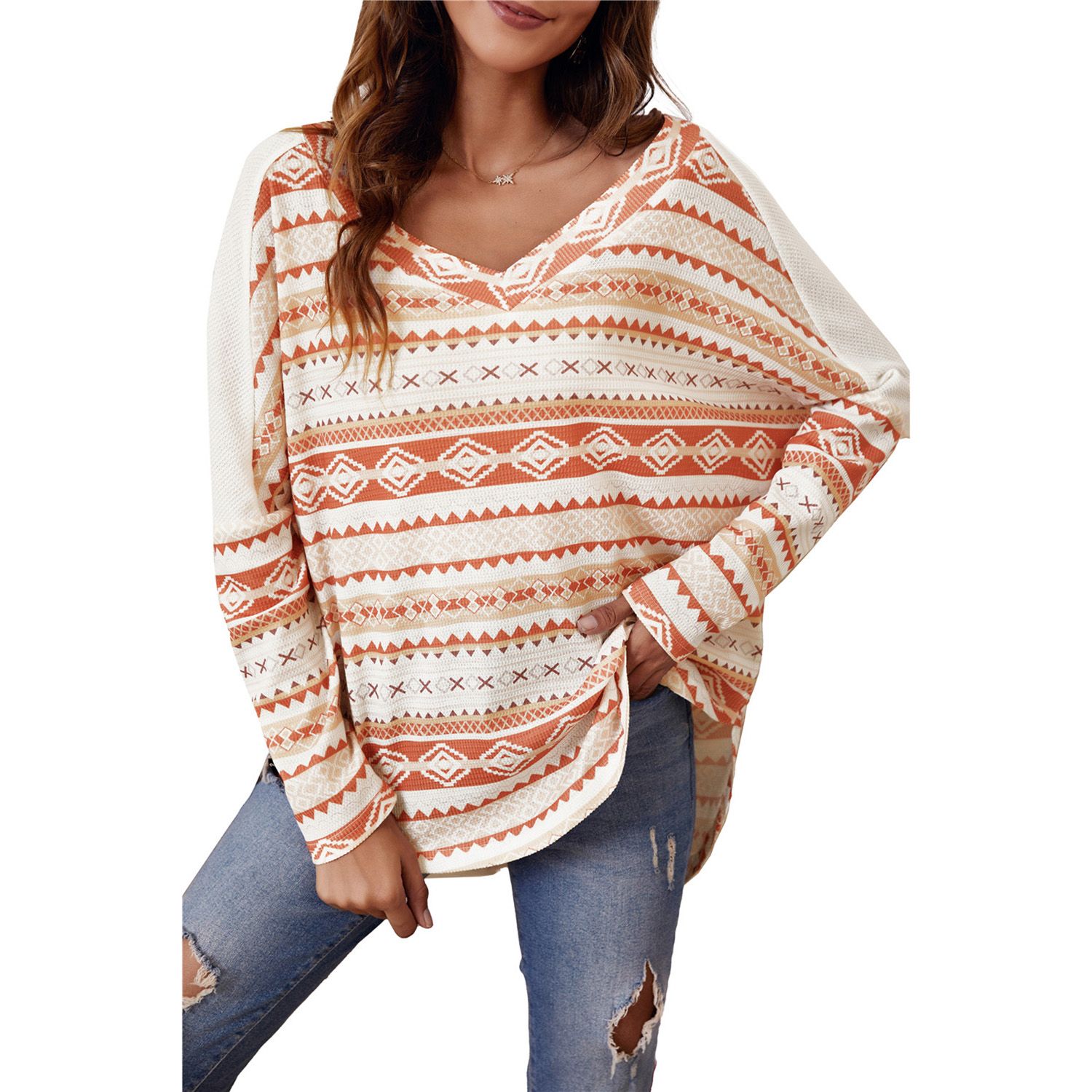 Lady's Long Sleeve Tops Christmas Element Printing V-neck Stitching Loose Casual  Autumn T-shirts