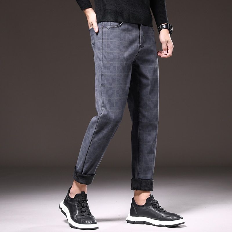 Winter Men's Plaid Warm Fleece Pants High Quality 98%Cotton Stretch Classic Clothing Fashion Slim Fit Casual Trousers Plus Size