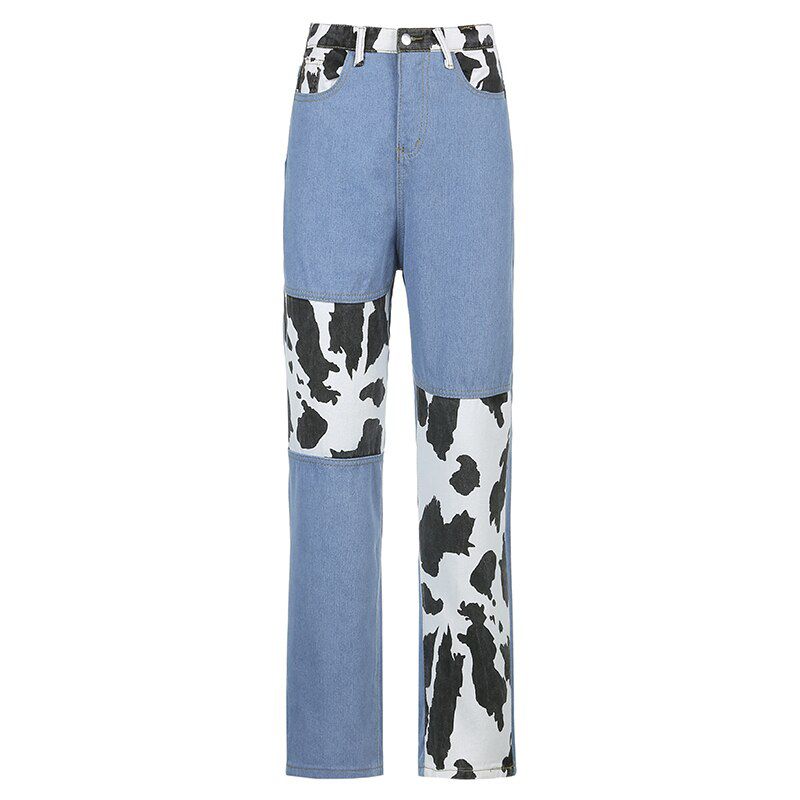Patchwork Cow Print Jeans Women Casual High Waisted Pants Capris 90s Black Long Trousers Ladies Street