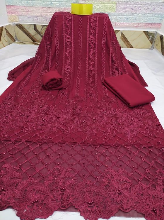 China Net Febrics Unstiched Weigtless Jorjet Emvroidery Work Fashionable/Party Dress Three Piece For Women