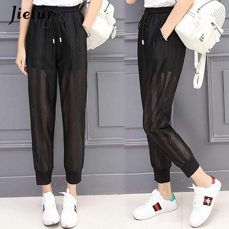 Jielur Ice Silk Capri Pants Female Embroidery Harem Pants Women Thin Loose Mesh Casual Sunscreen Black Pantalon Femme S-XXL