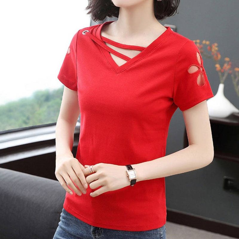 Yfashion Summer Lady V-Neck -Shirt Short Hollow Flower Sleeve Solid Color Pullover ops