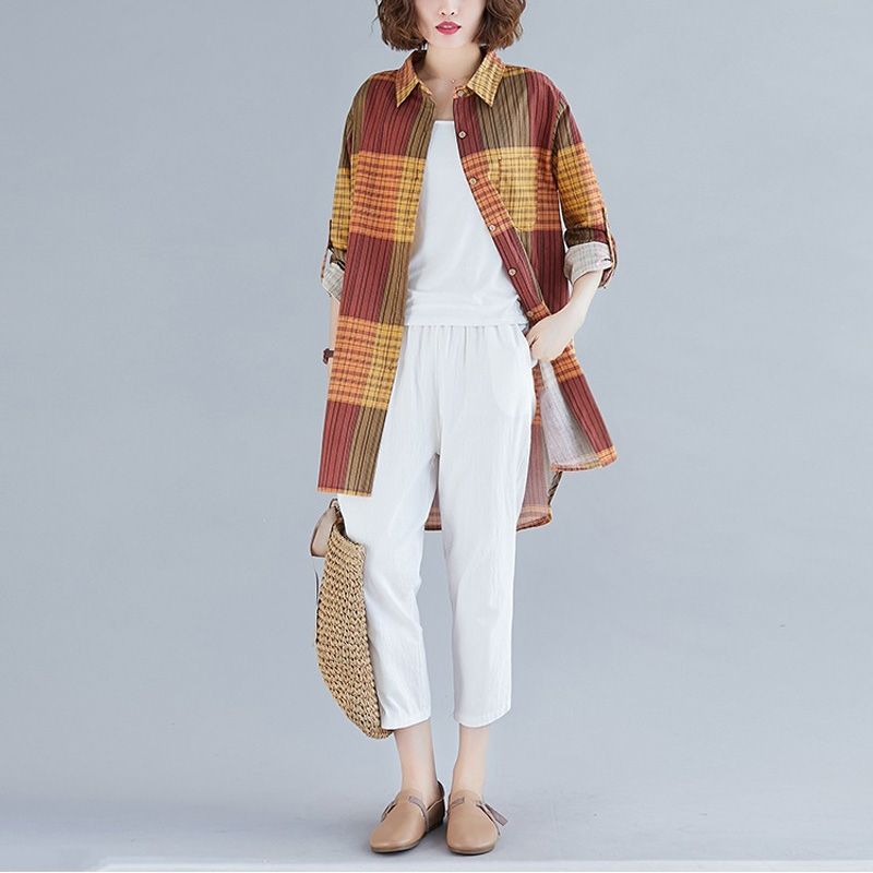 Retro Literary Plaid Long-sleeved Shirt Women Mid-length Jacket Shirt