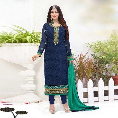Unstitched Navy Blue Cotton Block Printed Salwar Kameez For Women